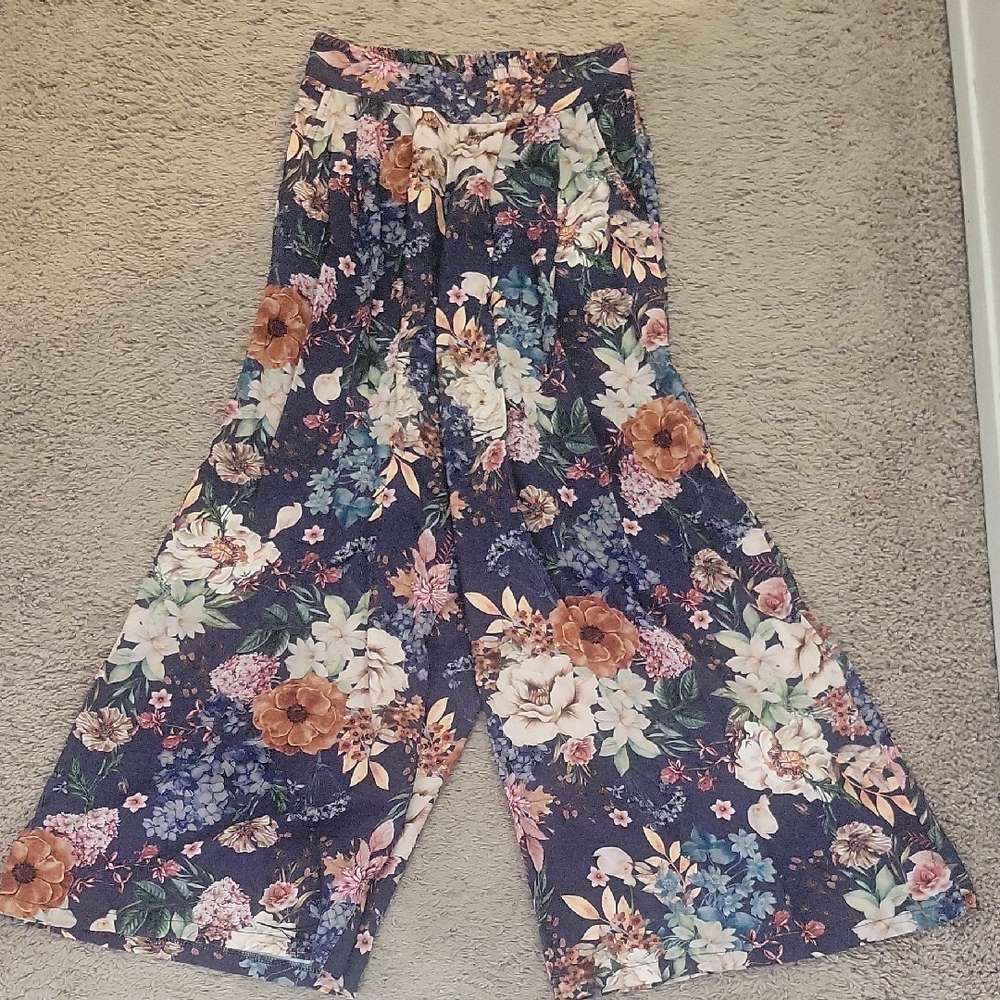 Navy Floral Wide-Leg Jumpsuit Pants